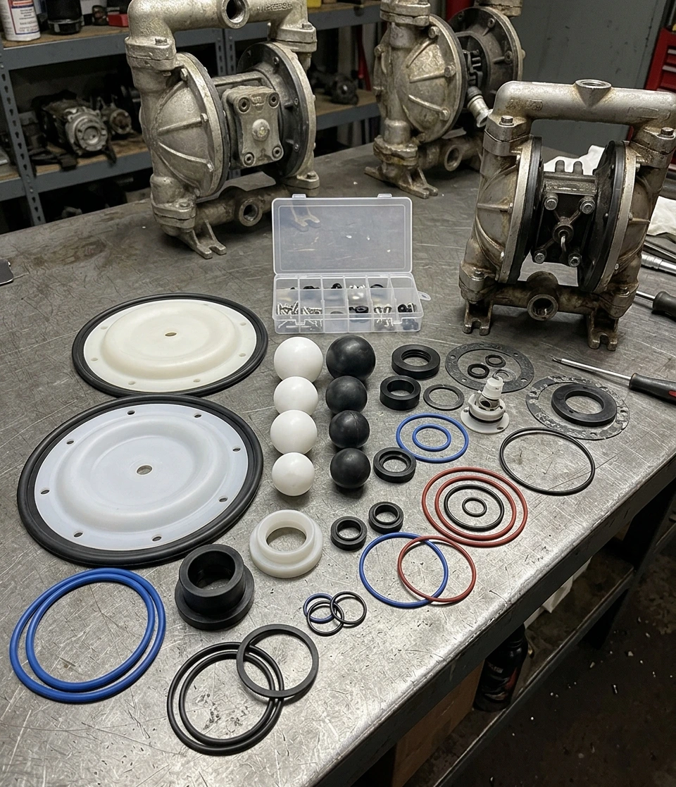 AODD pump repair kit showing diaphragms, balls and seats from Bonzer Marketeers