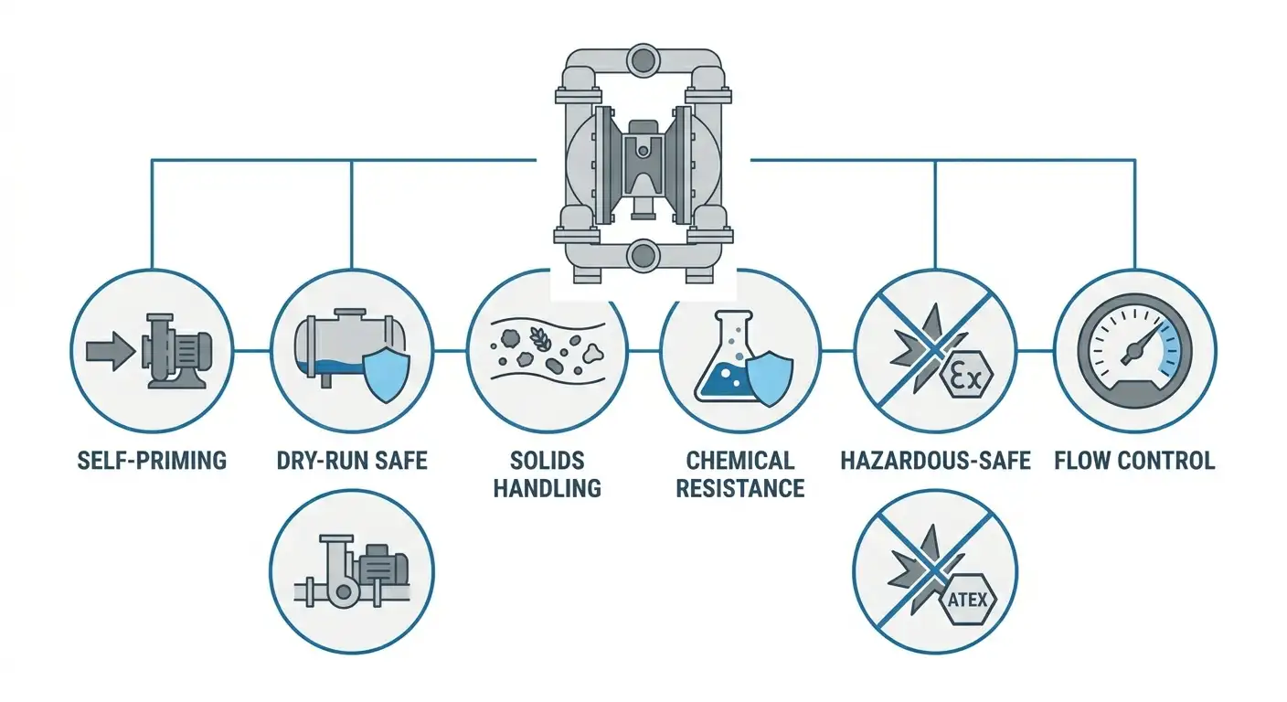 Six core benefits of AODD pumps: self-priming, dry-run safe, solids handling, chemical resistance, hazardous-area safety, flow control
