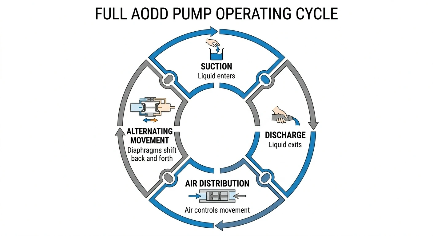 Infographic of the continuous AODD pump suction and discharge cycle
