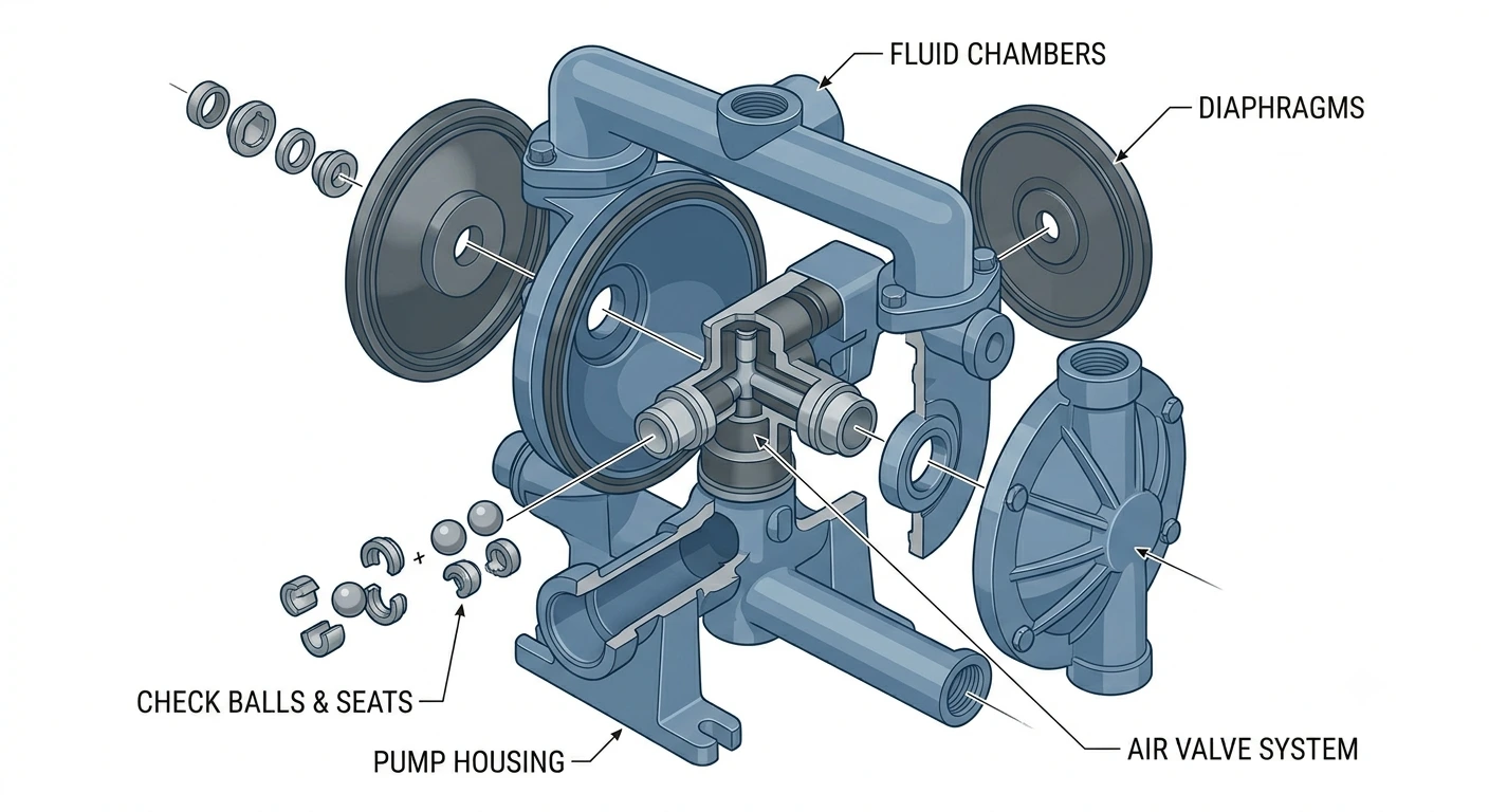 AODD pump components diagram showing diaphragms, air valve, check balls, fluid chamber and housing