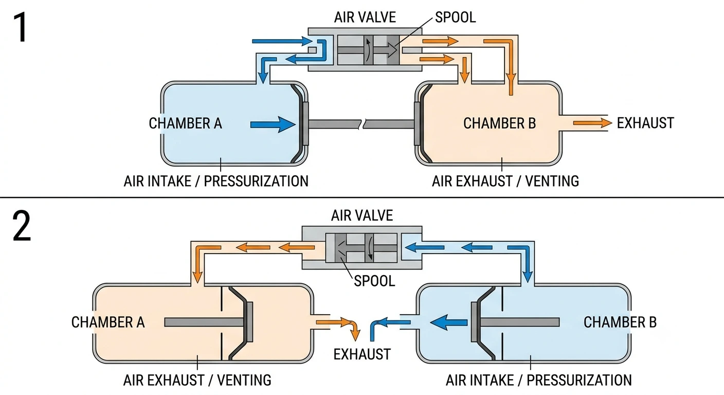 Diagram showing how the AODD pump air valve shifts air between diaphragm chambers