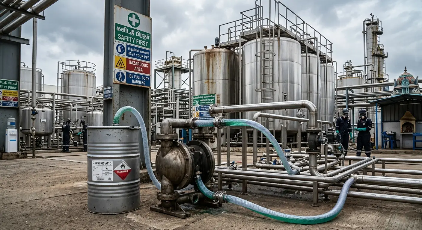 AODD pump used for safe acid and solvent transfer in a chemical processing plant