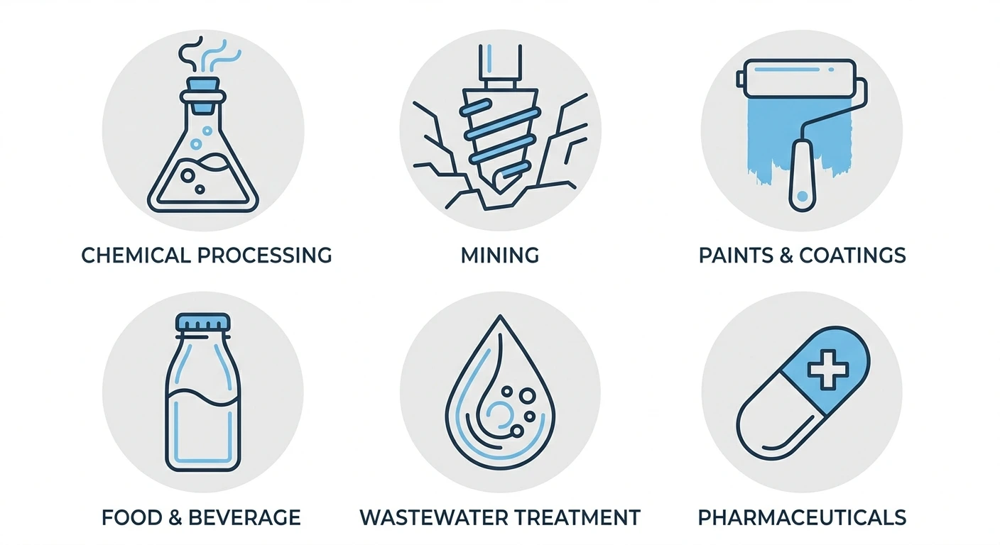 Icon grid of industries that use AODD pumps: chemical, mining, paints, food, wastewater, pharma