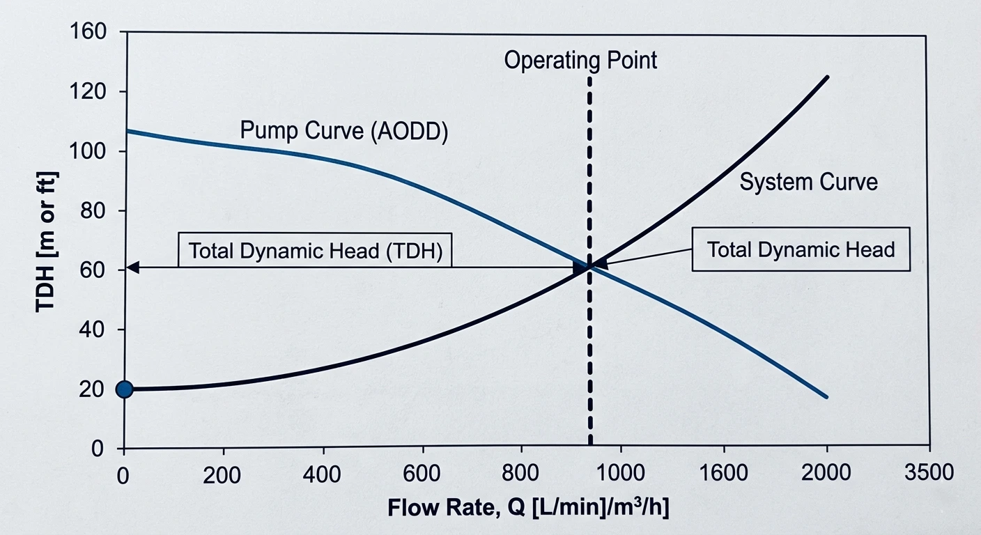 System curve versus pump curve diagram showing total dynamic head calculation
